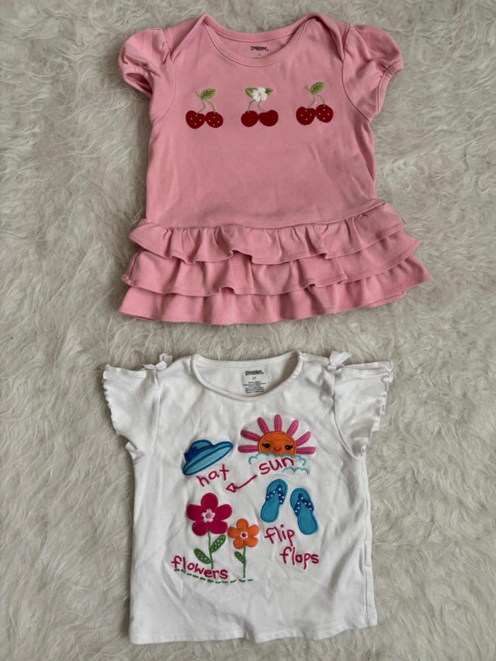 Gymboree Girls Pink Ruffle Cherry Top & White Summer Graphic Tee Set